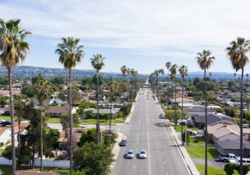 Daytime aerial view of the urban center of West Covina, California.
